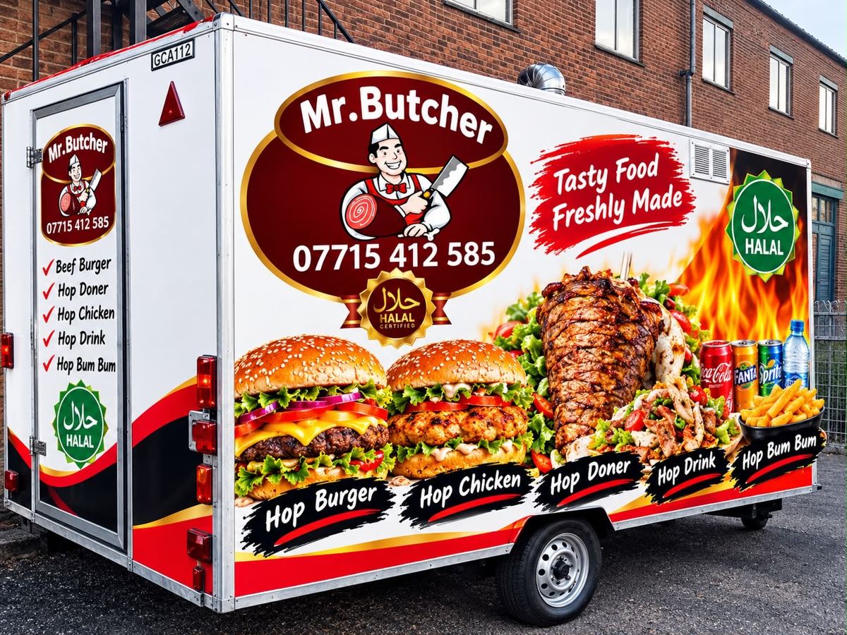 The Mr Butcher catering trailer with burgers, döner and chicken on its side